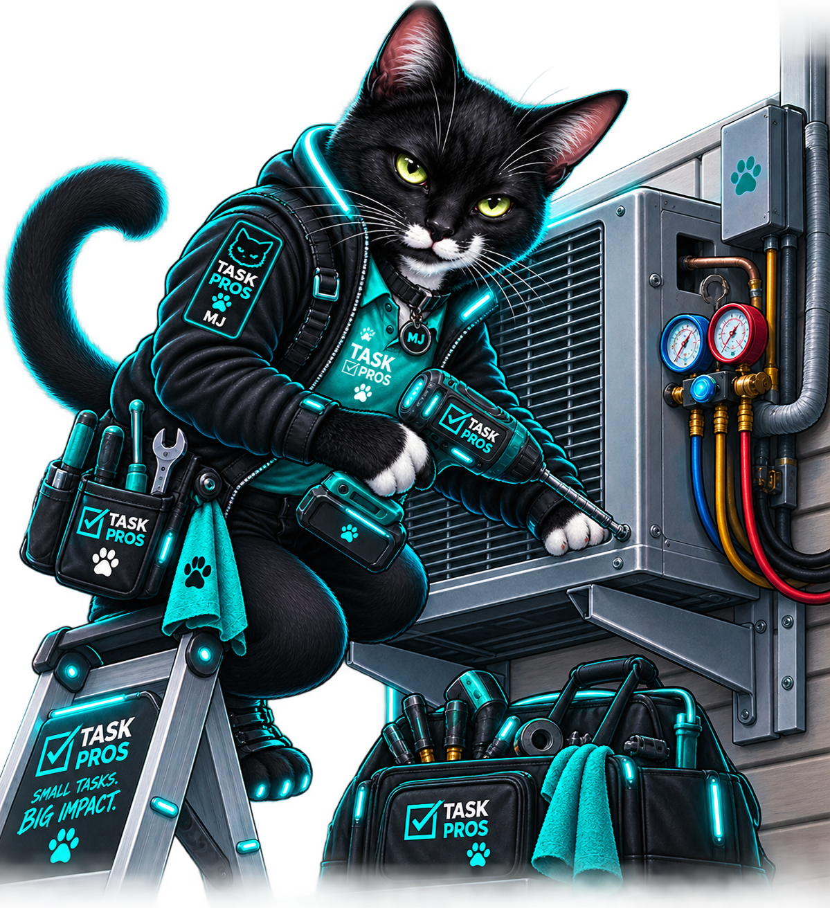 Mouse, the black-and-white Task Pros cat in a work jacket, servicing a residential HVAC unit