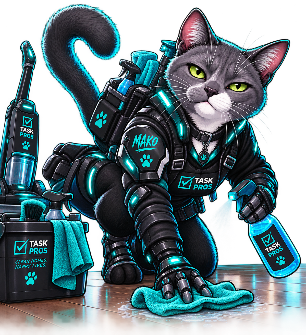 Mako, the gray Task Pros cat in teal tactical workwear, cleaning a hardwood floor