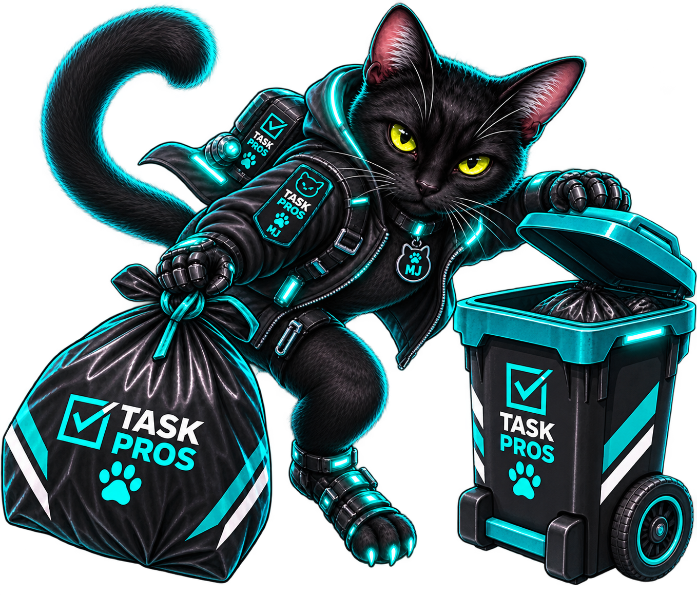 MJ, the black Task Pros cat in a teal-lit uniform, carrying a tied trash bag to a bin
