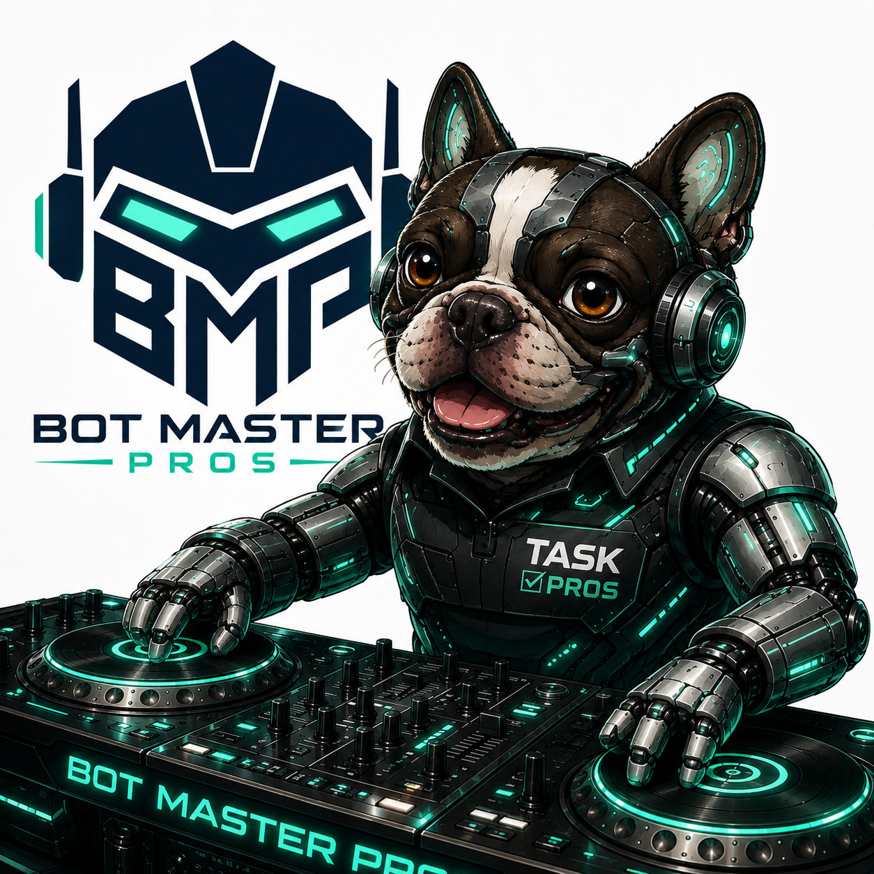 Hercules, the cybernetic bulldog Task Pros mascot, DJing at a futuristic teal-lit controller
